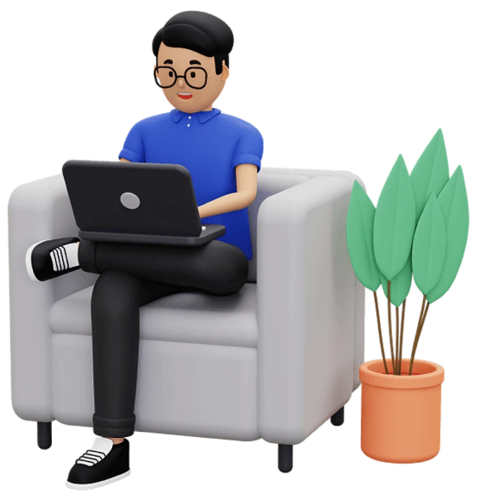 3D illustration of a person working on a laptop while sitting on a chair beside a potted plant.