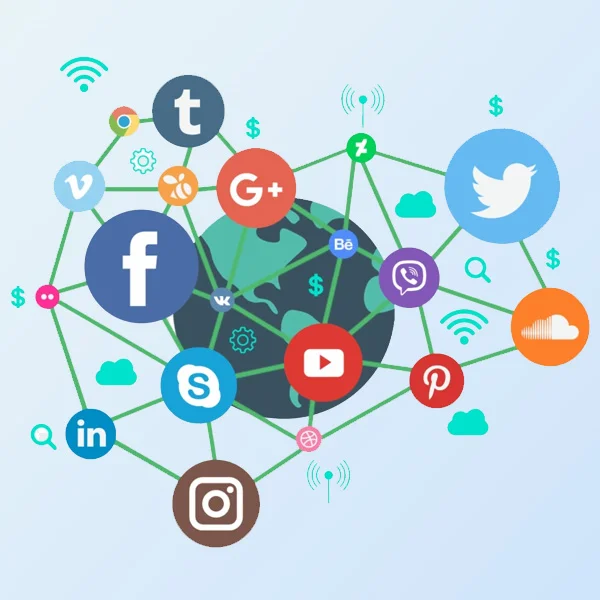 Social media marketing banner with mobile phone, global icons, and popular social media logos like Instagram, Facebook, and YouTube."